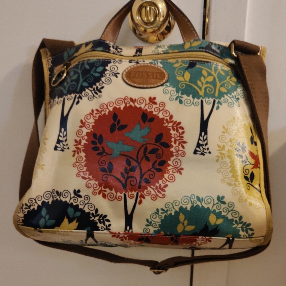 Fossil Red and Blue Crossbody Bag with Artistic Design